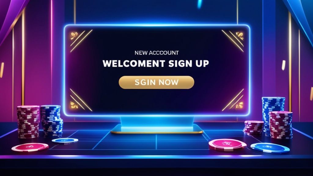 Nowe konto kasynowe potwierdzane na ekranie w ciemnym neonowym otoczeniu